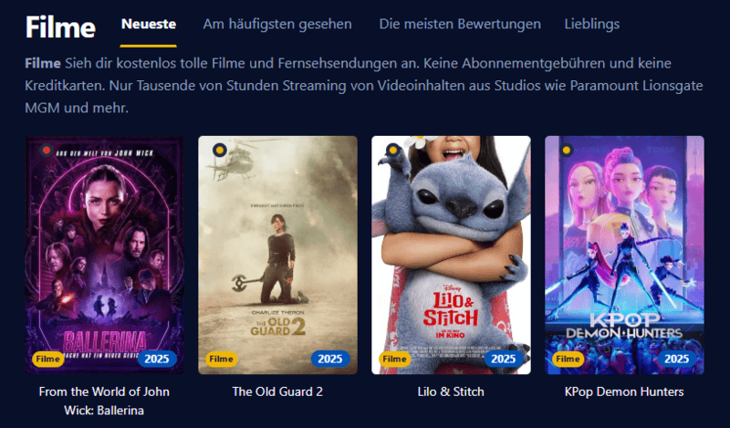 Screenshot der Filmpalast Benutzeroberfläche die diverse Filmtitel und Serienfolgen zeigt